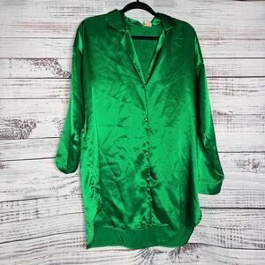Victoria's Secret Green Satin Sleep Shirt Nightgown Button Front M/L